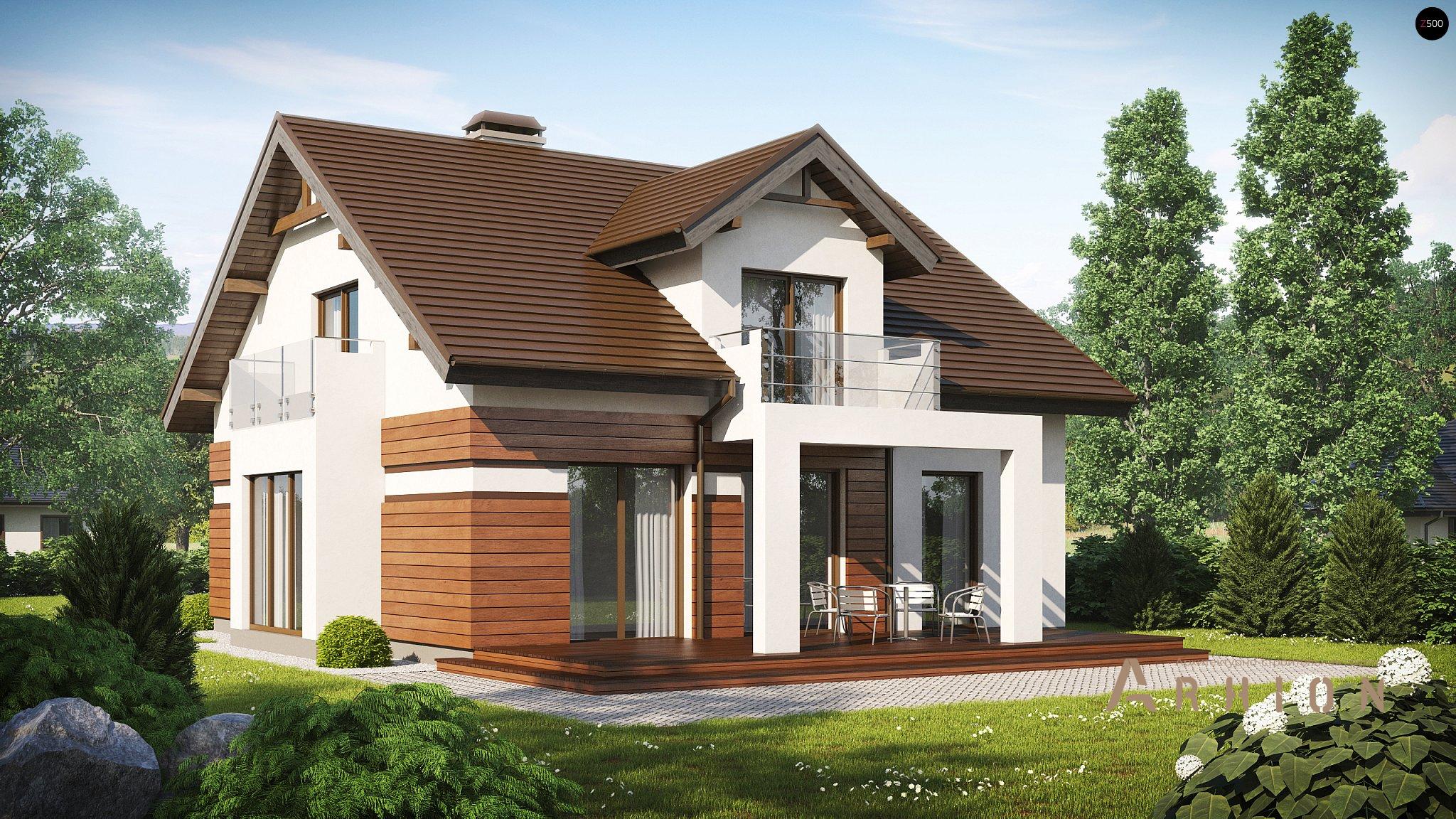 2. Проект одноэтажного дома в альпийском стиле с двускатной кровлей, Z28 v2, площадью - 160 кв c мансардой, терассой, балконом, эркером